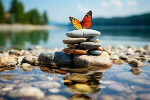 der Natur Gelassenheit, gestapelt Kiesel, Schmetterling, bunt Sommer- Himmel, still Strand ai generiert foto