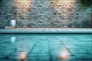 still Schwimmbad Bereich mit ein elegant Backstein Mauer Hintergrund ai generiert foto