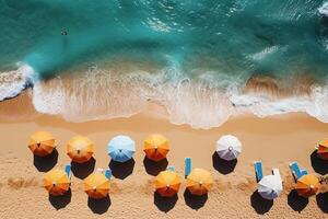 ein Vogelaugen Aussicht von ein schön Strand, Inbegriff das Sommer- Ferien ai generiert foto