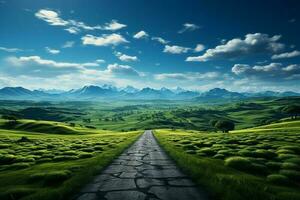 das Gewicht von Entscheidungen, Gabel im Straße, Gras, Blau Himmel, expansiv Horizont ai generiert foto