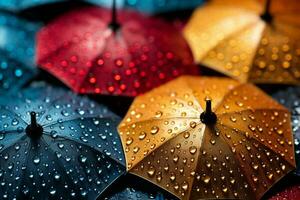bunt Regenschirm Schilde gegen ein Hintergrund von planschen Regentropfen ai generiert foto