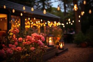 Nachtzeit Garten Ambiente mit dekorativ Zeichenfolge Beleuchtung und verschwommen Nachtschwärmer ai generiert foto