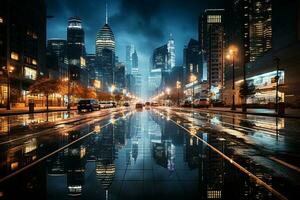 Nachtzeit Stadtbild kommt zu Leben durch das Linse von ein Digital Kamera ai generiert foto