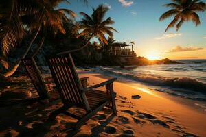 Luxus Strand Ferien Konzept, palmengesäumt Ufer, Liegen, und bunt Sonnenuntergang ai generiert foto
