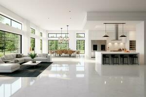 großartig und luxuriös Offenes Konzept Raum mit ein Weiß Küche, Essen, und Leben Zimmer ai generiert foto
