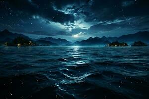 das Nacht See entfaltet sich, wo das dunkel trifft das riesig Blau Horizont ai generiert foto