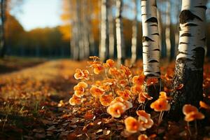 Herbst Palette kommt am Leben im das strahlend Birke Wald auf ein sonnig Nachmittag ai generiert foto