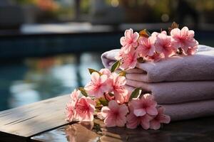 Gelassenheit im Fokus, Vorderseite Aussicht von gestapelt Spa Steine, Rosa Blumen, Handtücher ai generiert foto