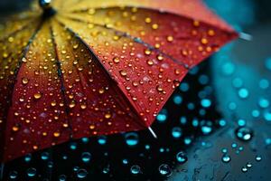 bunt Regenschirm Kontraste mit ein Hintergrund von planschen Regentropfen ai generiert foto