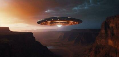 kosmisch Schauspiel, Außerirdischer Raumschiff steigt an über surreal Landschaft, inmitten dunkel planetarisch Weite ai generiert foto