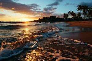 sich aalen im das Schönheit von ein Panorama- Sonnenuntergang Strand mit luxuriös Ferien Elemente ai generiert foto