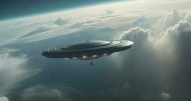 himmlisch begegnen, UFO Untertasse fliegt inmitten Wolken, über Planet Erde ai generiert foto