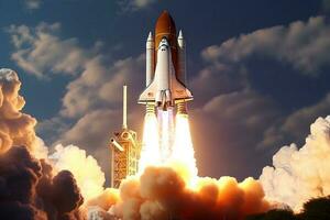 Reise zu das Kosmos, Raum Shuttle Aufzüge aus auf es ist außergewöhnlich Mission ai generiert foto