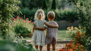 Freundschaft von zwei Mädchen im ein Park und Umarmen jeder Andere Hände ai generiert foto