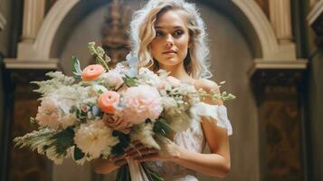 schön Braut im schön Kleid halten Blumen im ein Kirche generiert ai foto