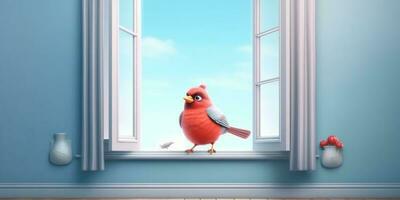 Vogel auf hölzern Fenster Tier Lehm Karikatur Animation, ai generiert foto