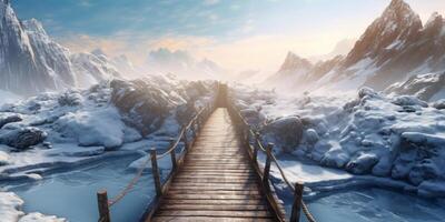 hölzern Brücke im das Berge beim Winter, ai generiert foto