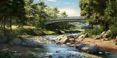 Fluss, Berg und Brücke Antenne Foto Landschaft, ai generiert