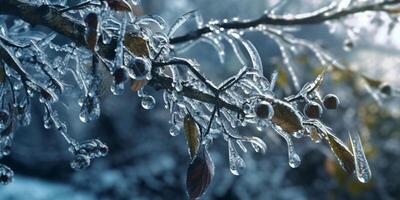 Eis Sturm Bäume und Obst einfrieren im Winter, ai generiert foto