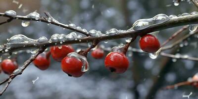 Eis Sturm Bäume und Obst einfrieren im Winter, ai generiert foto