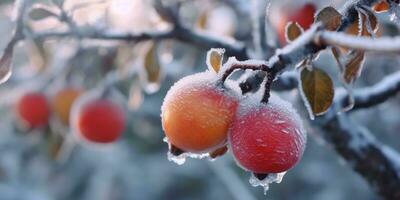 Eis Sturm Bäume und Apfel Obst einfrieren im Winter, ai generiert foto