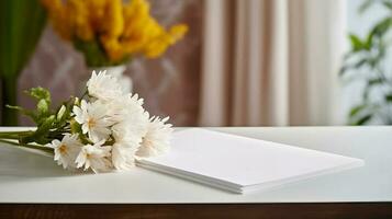 Weiß Papier mit Blumen auf ein Schreibtisch im ein Zimmer generiert ai foto