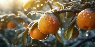 Eis Sturm Bäume und Apfel Obst einfrieren im Winter, ai generiert foto
