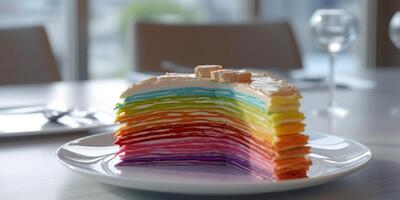 Regenbogen Mühlen Crepes mit Sahne Aromen. ai generiert foto