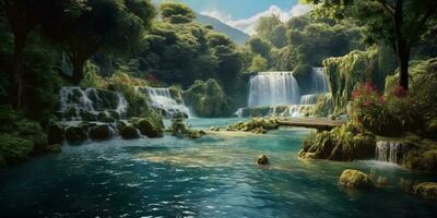 exquisit Wasserfälle und Flüsse Hintergrund, ai generiert foto