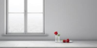 Fenster und rot Rose Blume auf Tabelle mit Sonne Licht Kopieren Raum verschwommen Hintergrund, ai generiert foto