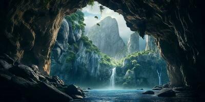 Wasserfall und Kammer Höhle Kopieren Raum verschwommen Hintergrund, ai generiert foto