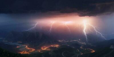 Blitz im Berg, stürmisch Wetter und natürlich Katastrophe, ai generiert foto
