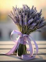 Lavendel Blume Hochzeit Strauß verschwommen Fenster Hintergrund. ai generiert foto