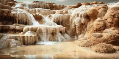 Travertin Wasserfall und Stein Felsen Hintergrund, ai generiert foto