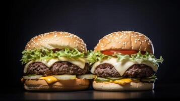 Seite Aussicht von Burger auf ein dunkel rustikal Hintergrund mit Rindfleisch und Sahne Käse realistisch Nahansicht Foto ai generativ