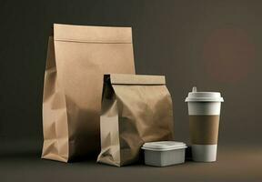 Lieferung Behälter zum wegbringen Lebensmittel. Papier Kaffee Tasse mit verpackt Lebensmittel. generativ ai. foto