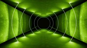 Nacht Verein Innere Grün Beleuchtung 3d machen zum Laser- zeigen. glühend Grün Linien. abstrakt fluoreszierend Grün Hintergrund. Grün Neon- Zimmer Gang Hintergrund. Licht abstrakt futuristisch Design. foto