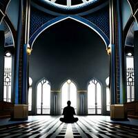 Silhouette Objekt im das Moschee, Muslim Menschen beten mit das Atmosphäre von ein Moschee im das Mitte Ost, gut zu verwenden zum Geschäft, Blog, Präsentation, religiös. durch ai generativ Bild foto