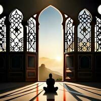 Silhouette Objekt im das Moschee, Muslim Menschen beten mit das Atmosphäre von ein Moschee im das Mitte Ost, gut zu verwenden zum Geschäft, Blog, Präsentation, religiös. durch ai generativ Bild foto