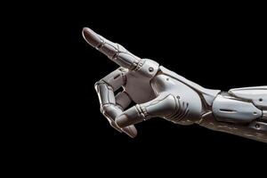 Hand von Weiß Cyborg Roboter zeigt. generativ ai foto