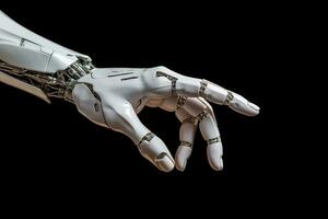 Hand von Weiß Cyborg Roboter zeigt. generativ ai foto