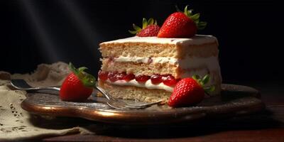 Erdbeere Kuchen Sahne Hintergrund, ai generiert foto