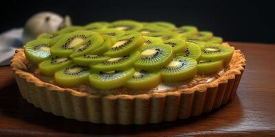 Kiwi Obst Kuchen Torte verschwommen Hintergrund, ai generierenund foto