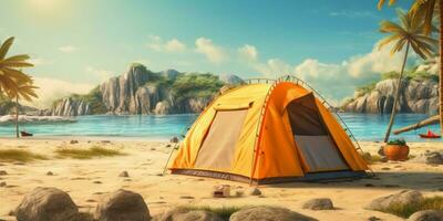 Lager Zelt auf Strand Sand Urlaub Hintergrund. ai generiert foto