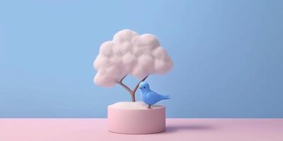 Vogel Blau auf Baum Tunk Tier Lehm Karikatur Animation, ai generiert foto