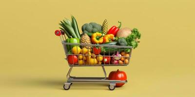 Einkaufen Wagen mit Gemüse im ein Bequemlichkeit speichern, ai generiert foto