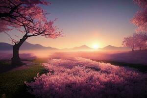 ein Rosa Sonnenuntergang mit ein Berg im das Hintergrund. generativ ai foto
