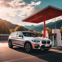 filmisch Auto Schuss geparkt beim ein Weiß Dach und rot Pole Gas Bahnhof. generativ ai foto