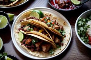 verlockend Feijoada Tacos ein Verschmelzung von Brasilianer und Mexikaner Aromen. ai generiert. foto