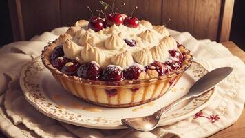 wohltuend Freuden ein lecker Kirsche Cobbler zum National Kirschen Jubiläum Tag. ai generiert. foto